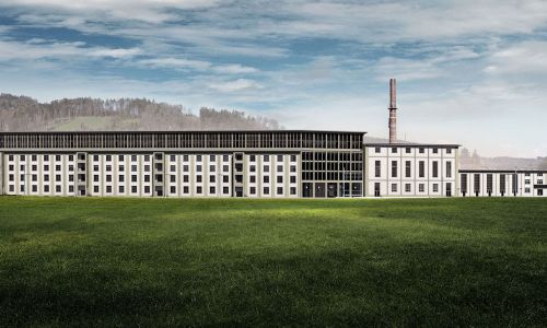 Frontansicht auf den Bernapark mit bewölktem Horizont und saftgrüner Wiese im Vordergrund